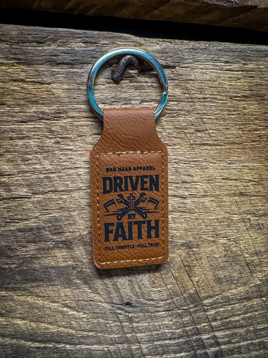 Driven by Faith Leather Keychain – Proverbs 3:5 Edition